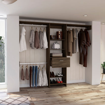 Modern Brown Dresser with 5 Shelves & 3 Rods