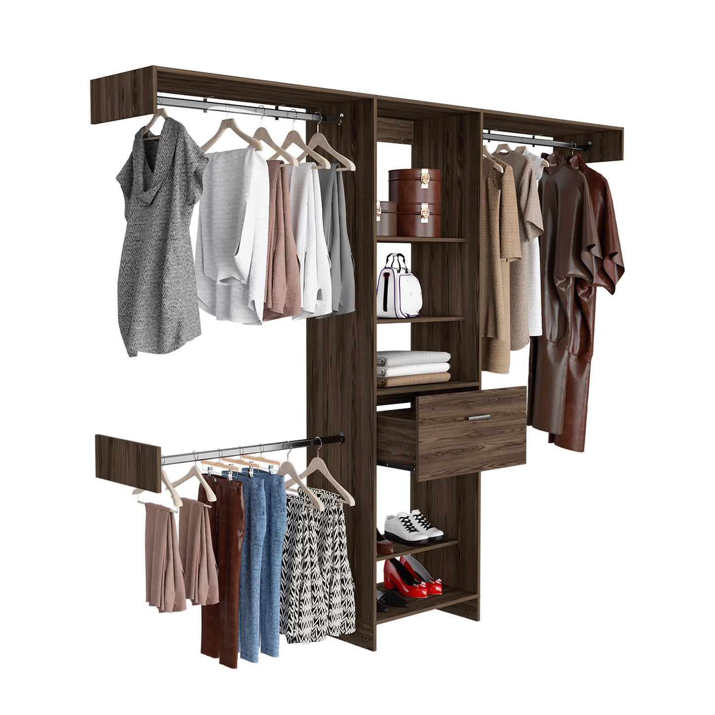 Modern Brown Dresser with 5 Shelves & 3 Rods