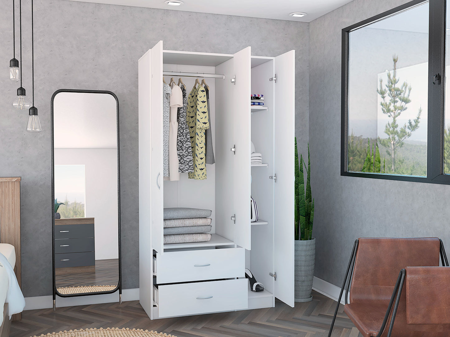 Modern White Particle Board Wardrobe with Double Doors and Drawers for Bedroom