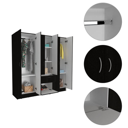 Modern Black Particle Board Double Door Wardrobe with Hanging Rod Storage for Bedroom