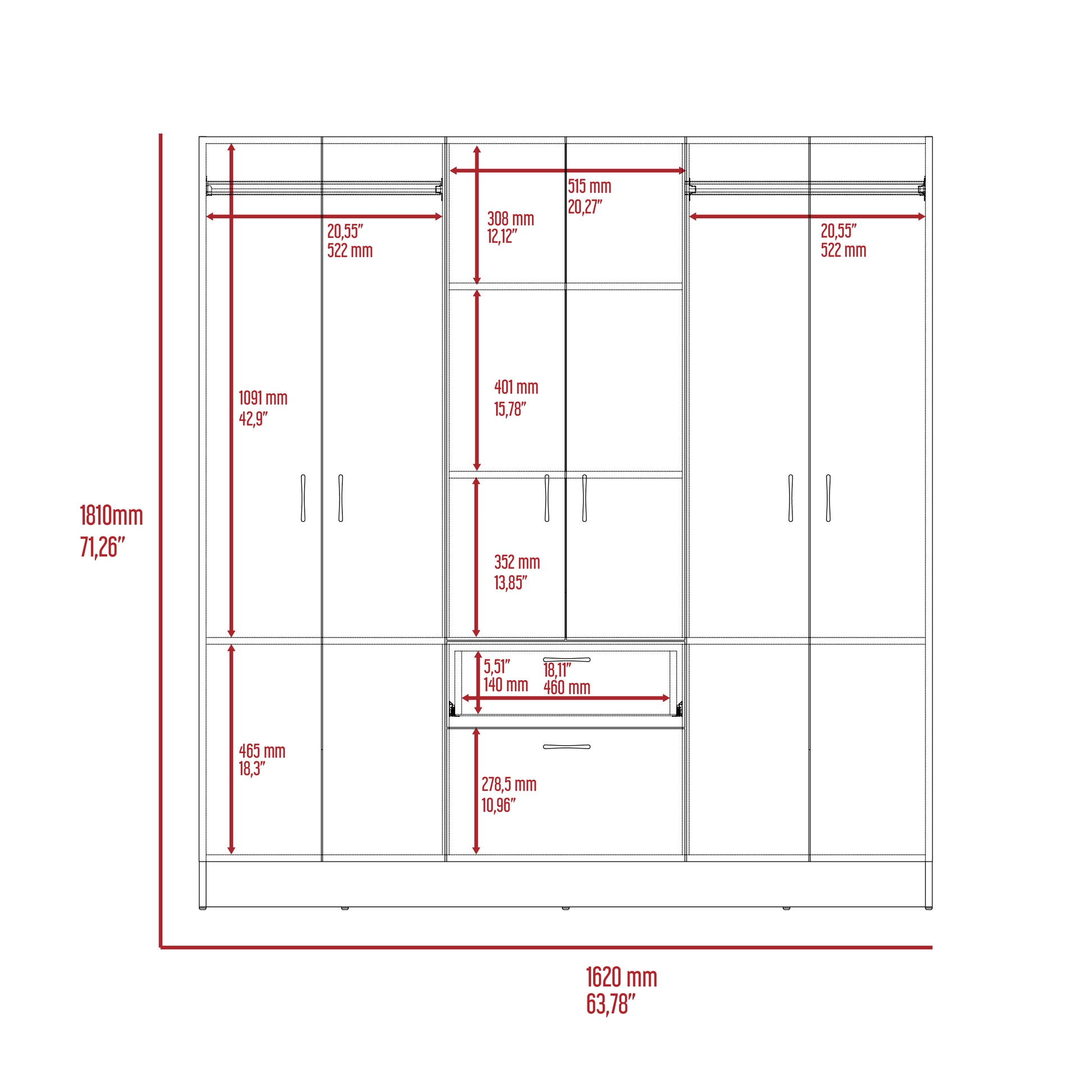 Modern Black Particle Board Double Door Wardrobe with Hanging Rod Storage for Bedroom