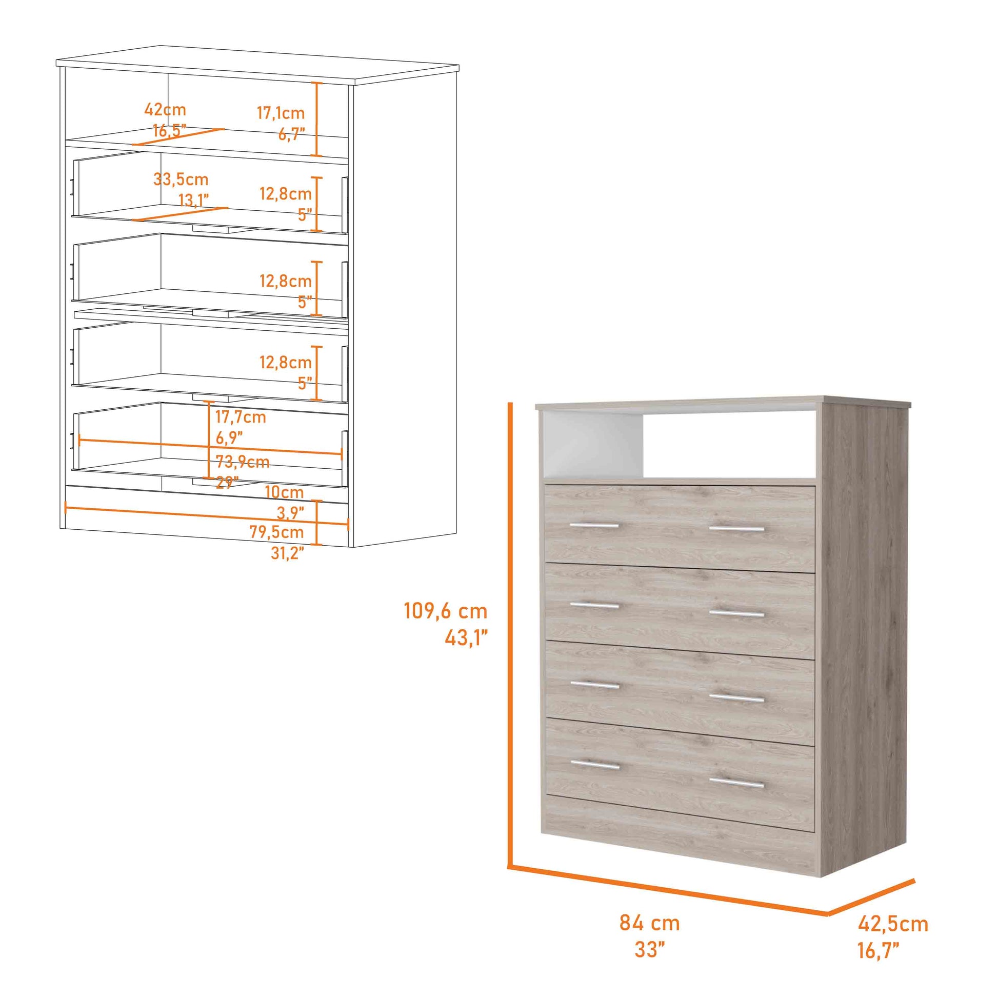 4-Drawer Multicolor Particle Board Dresser - Bedroom Storage