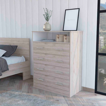 Lagos Four Drawer Dresser, One Shelf, Superior Top, Light Grey and White