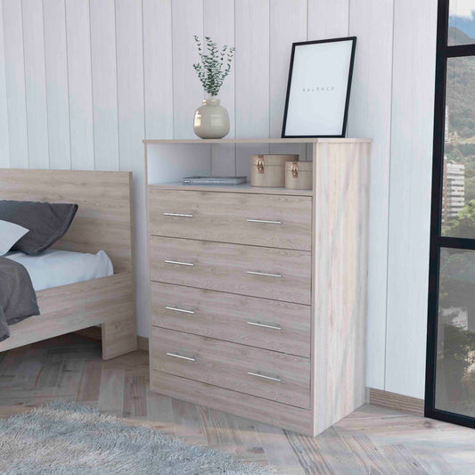 Lagos Four Drawer Dresser, One Shelf, Superior Top, Light Grey and White