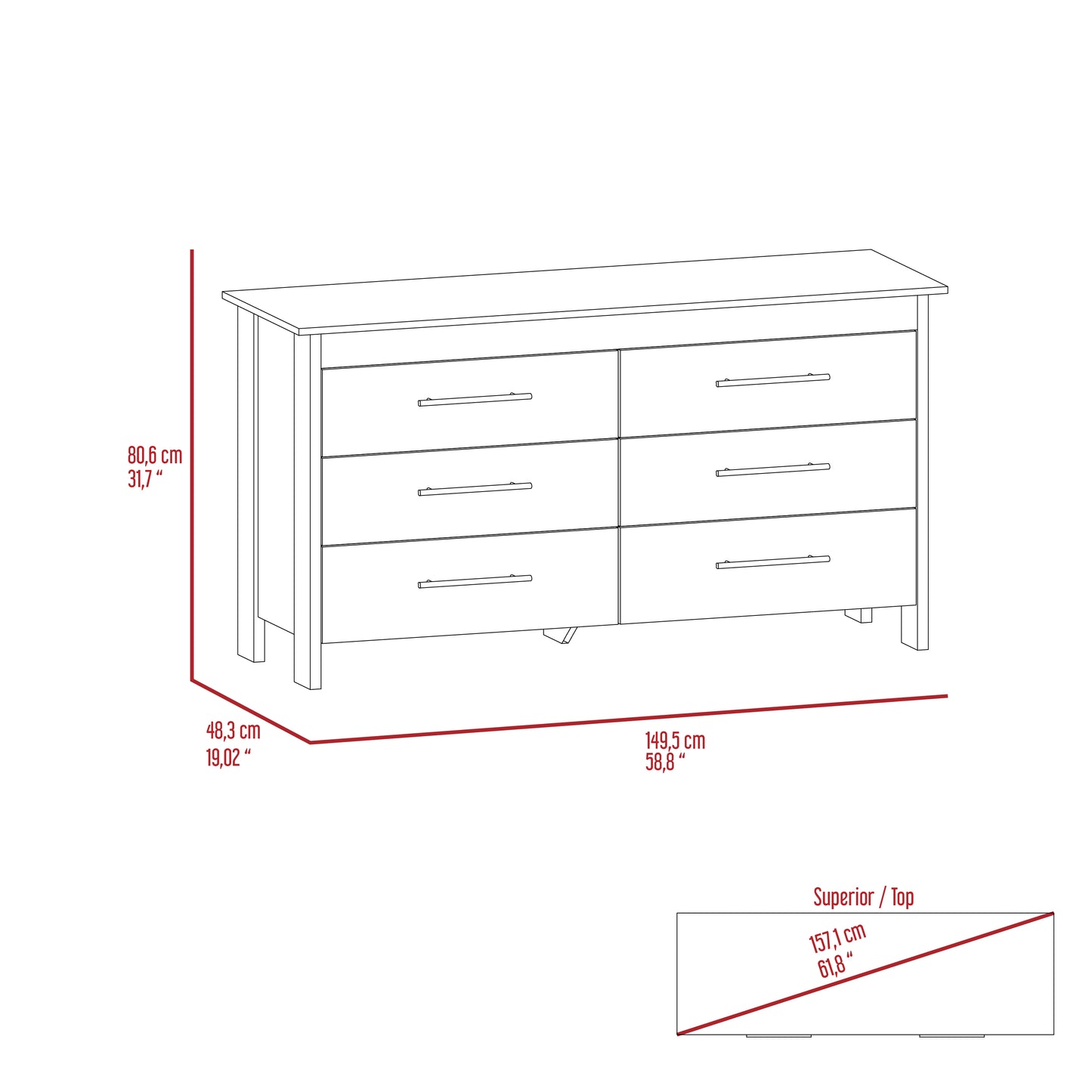 Modern White Particle Board Six Drawer Bedroom Dresser