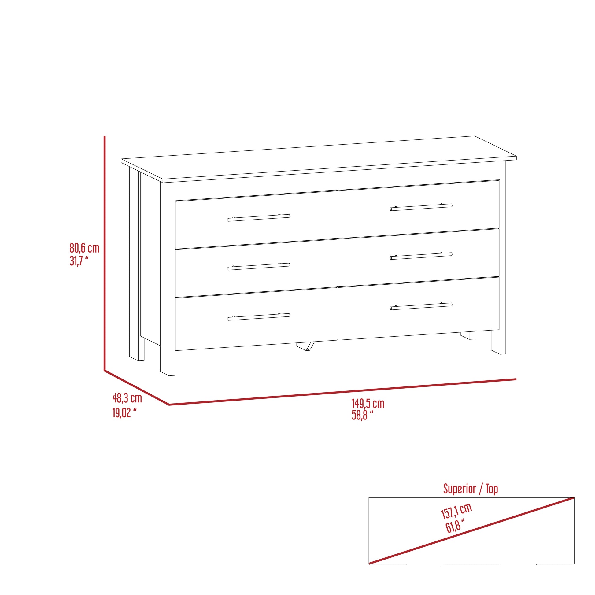 Modern White Particle Board Six Drawer Bedroom Dresser