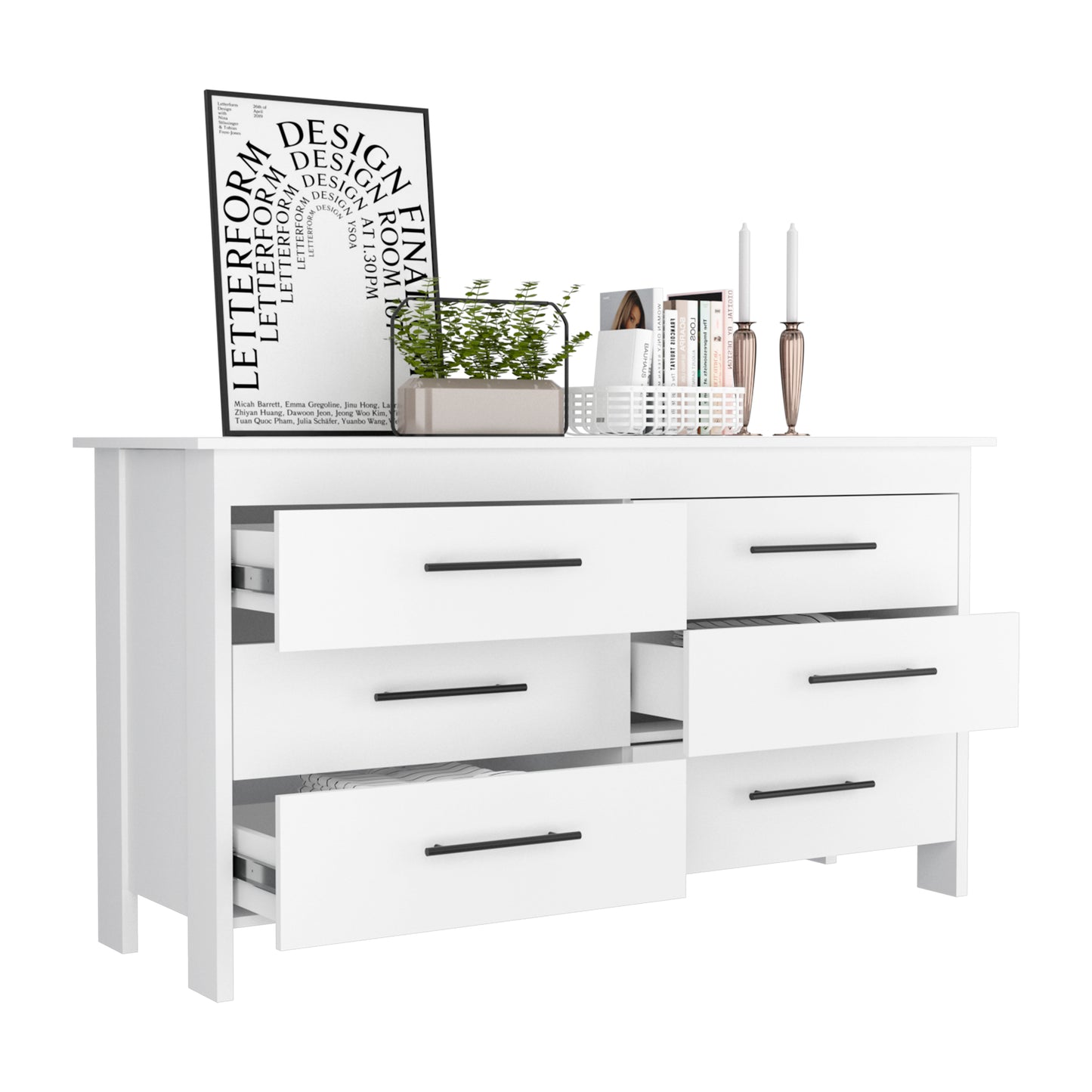 Modern White Particle Board Six Drawer Bedroom Dresser