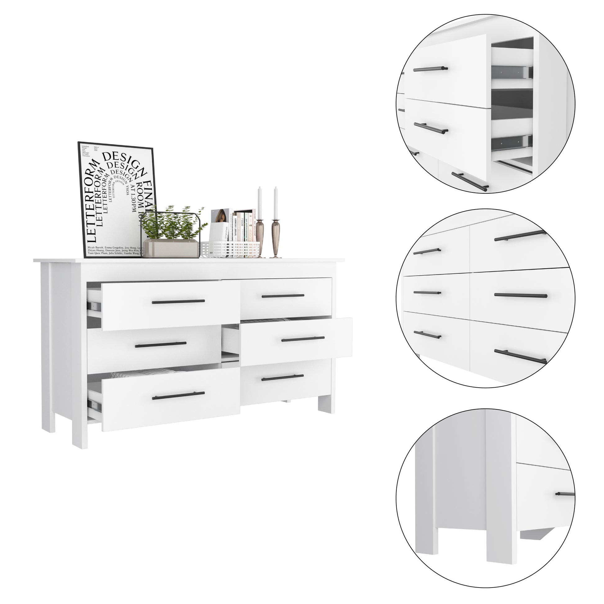 Modern White Particle Board Six Drawer Bedroom Dresser