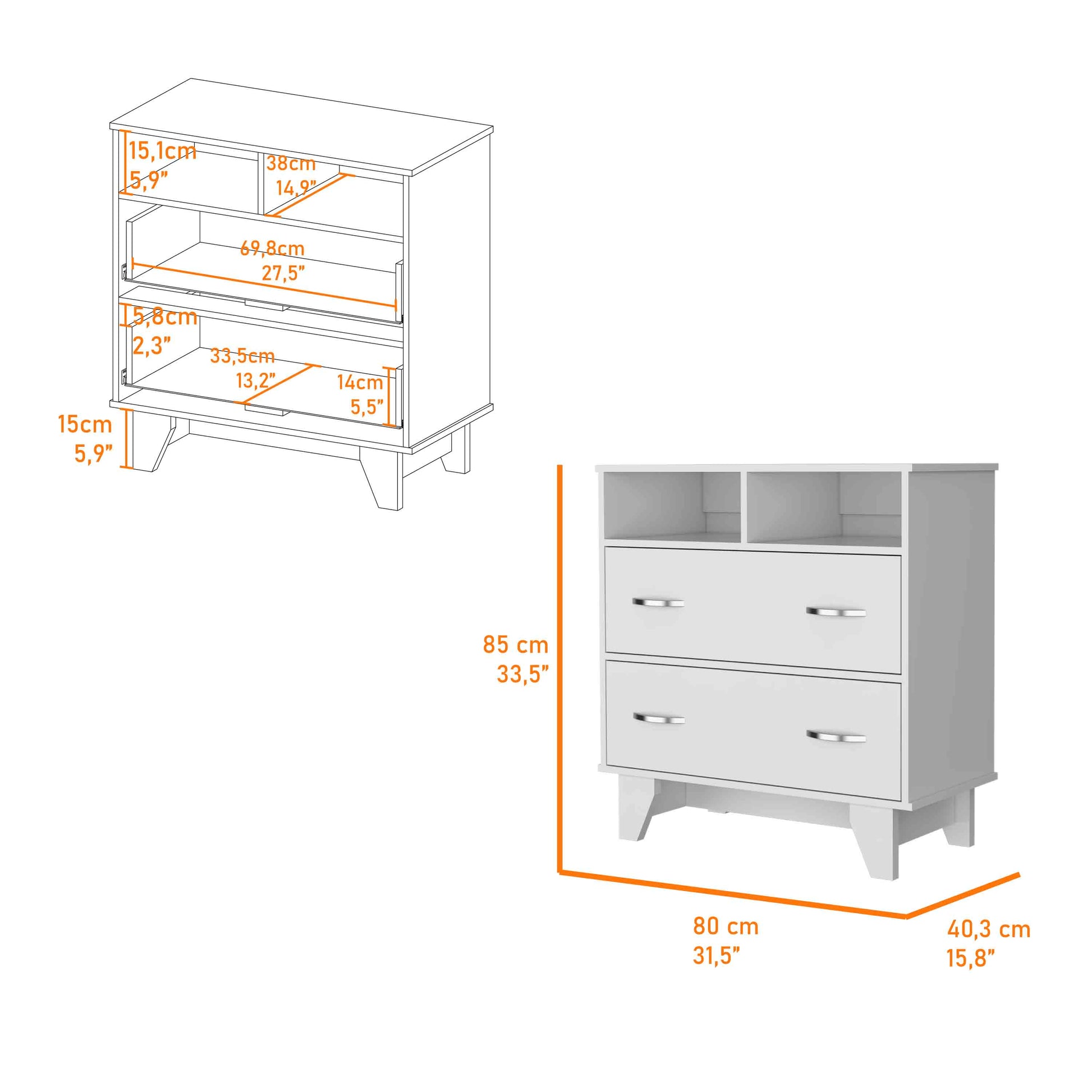 White 31.5" Wide Bedroom Dresser with Two Drawers