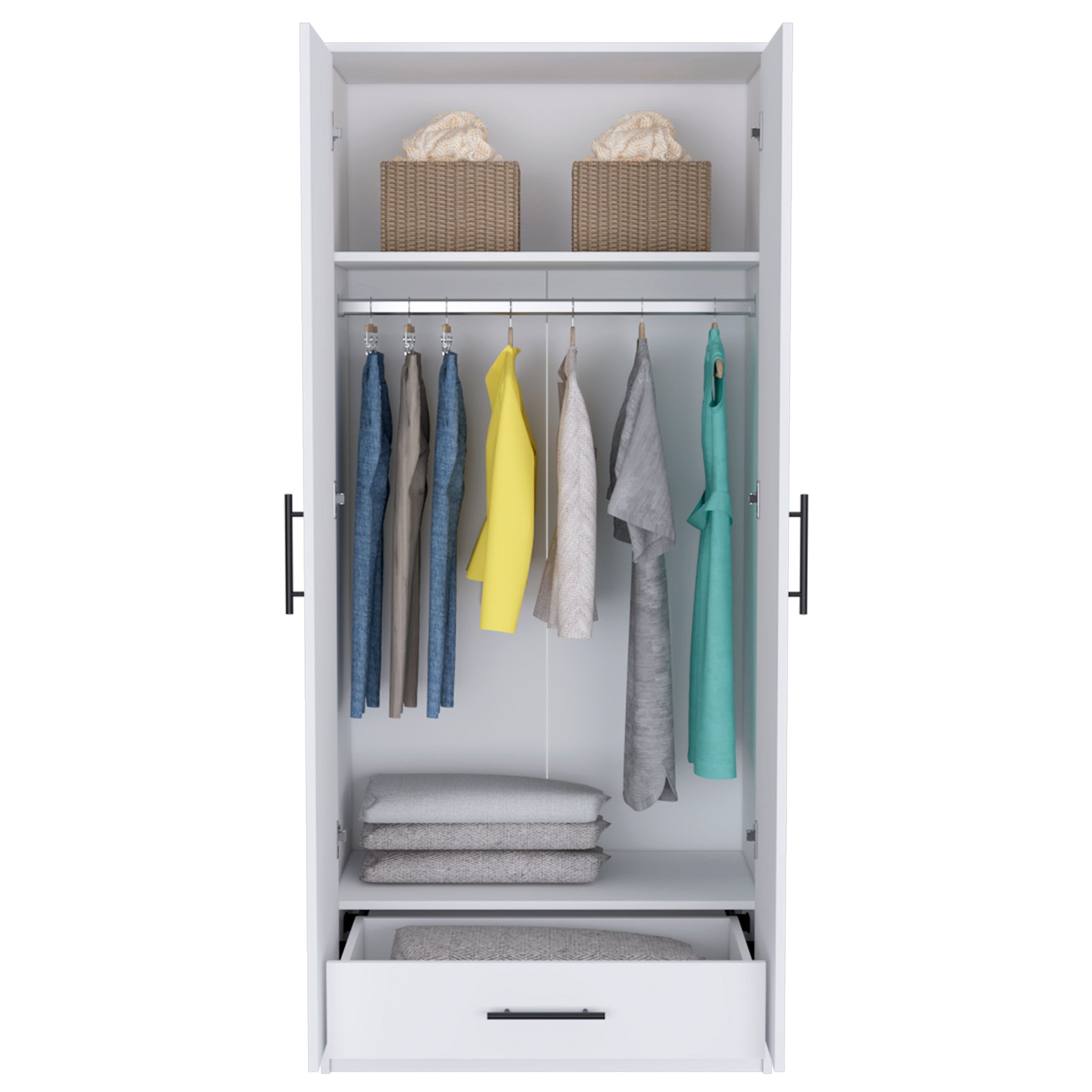 White Bedroom Dresser with Hanging Rod - 71" Tall