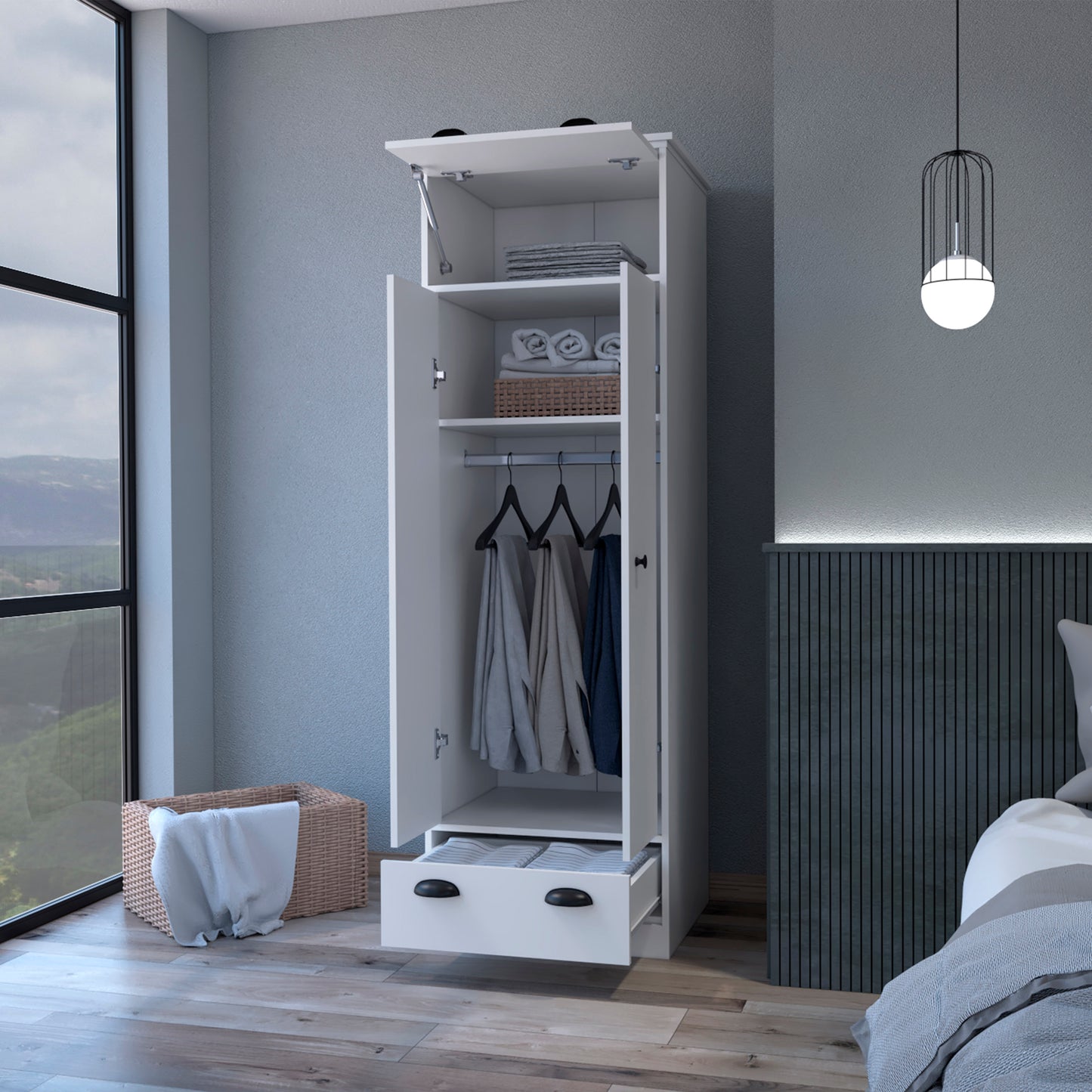 White Modern Armoire with Hinged Drawer & Double Door for Bedroom