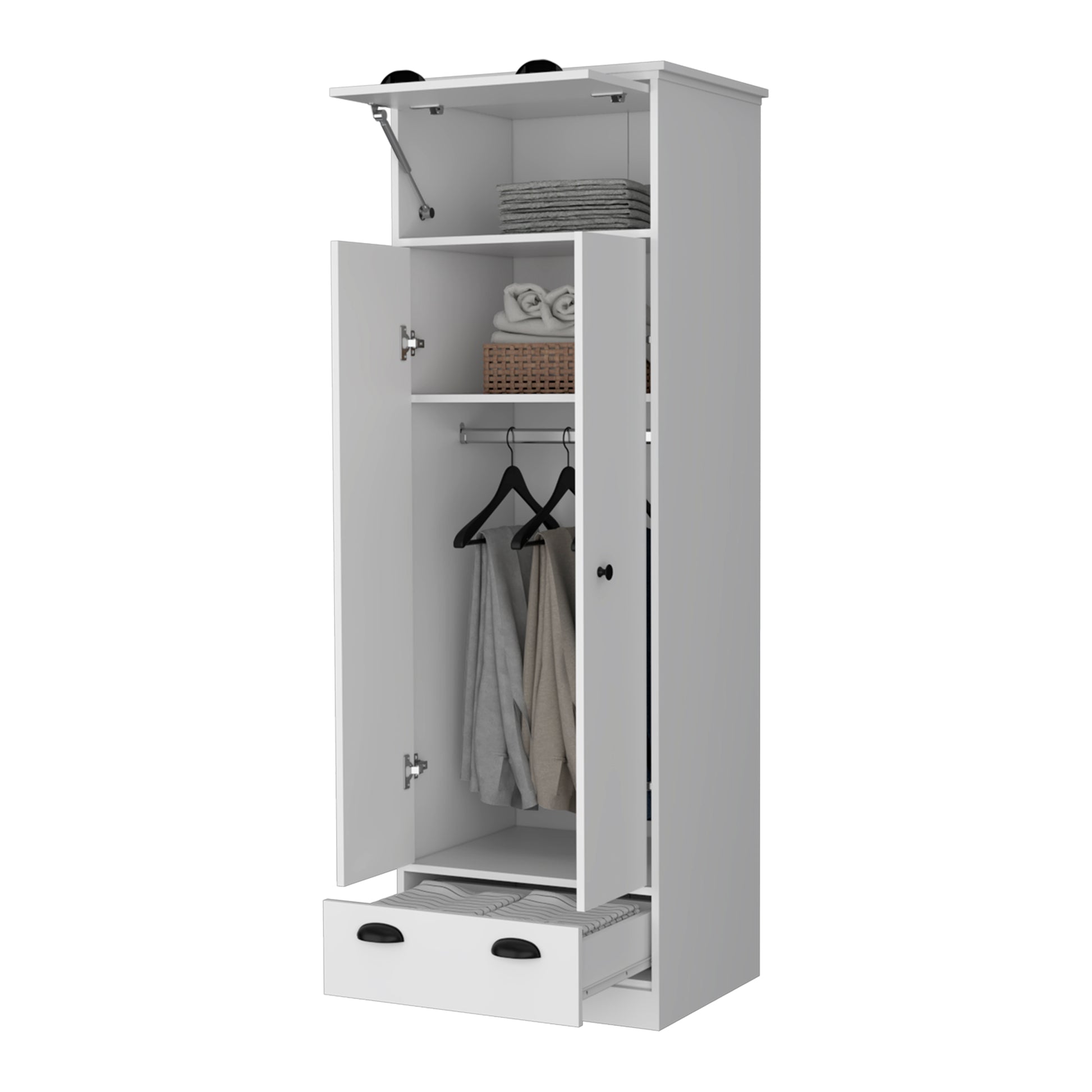 White Modern Armoire with Hinged Drawer & Double Door for Bedroom