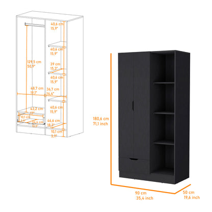 Redmond Armoire - Black, 4 Shelves & Hanging Rod