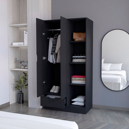 Redmond Armoire - Black, 4 Shelves & Hanging Rod