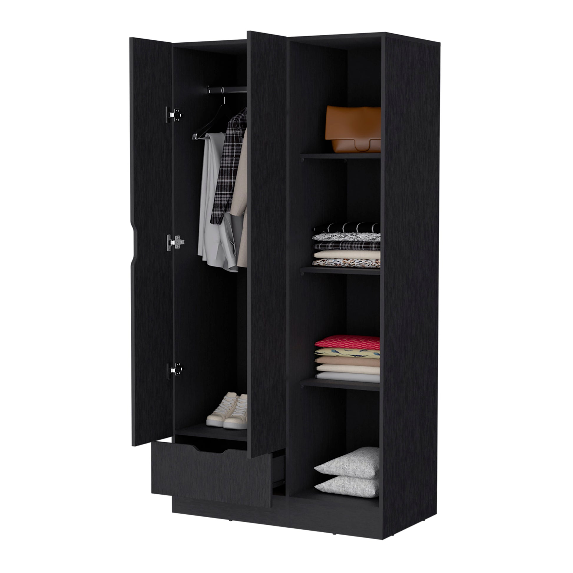 Redmond Armoire - Black, 4 Shelves & Hanging Rod