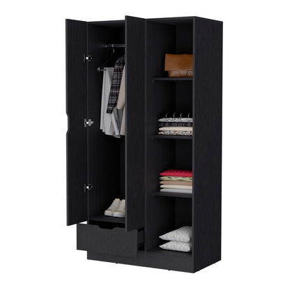 Redmond Armoire - Black, 4 Shelves & Hanging Rod