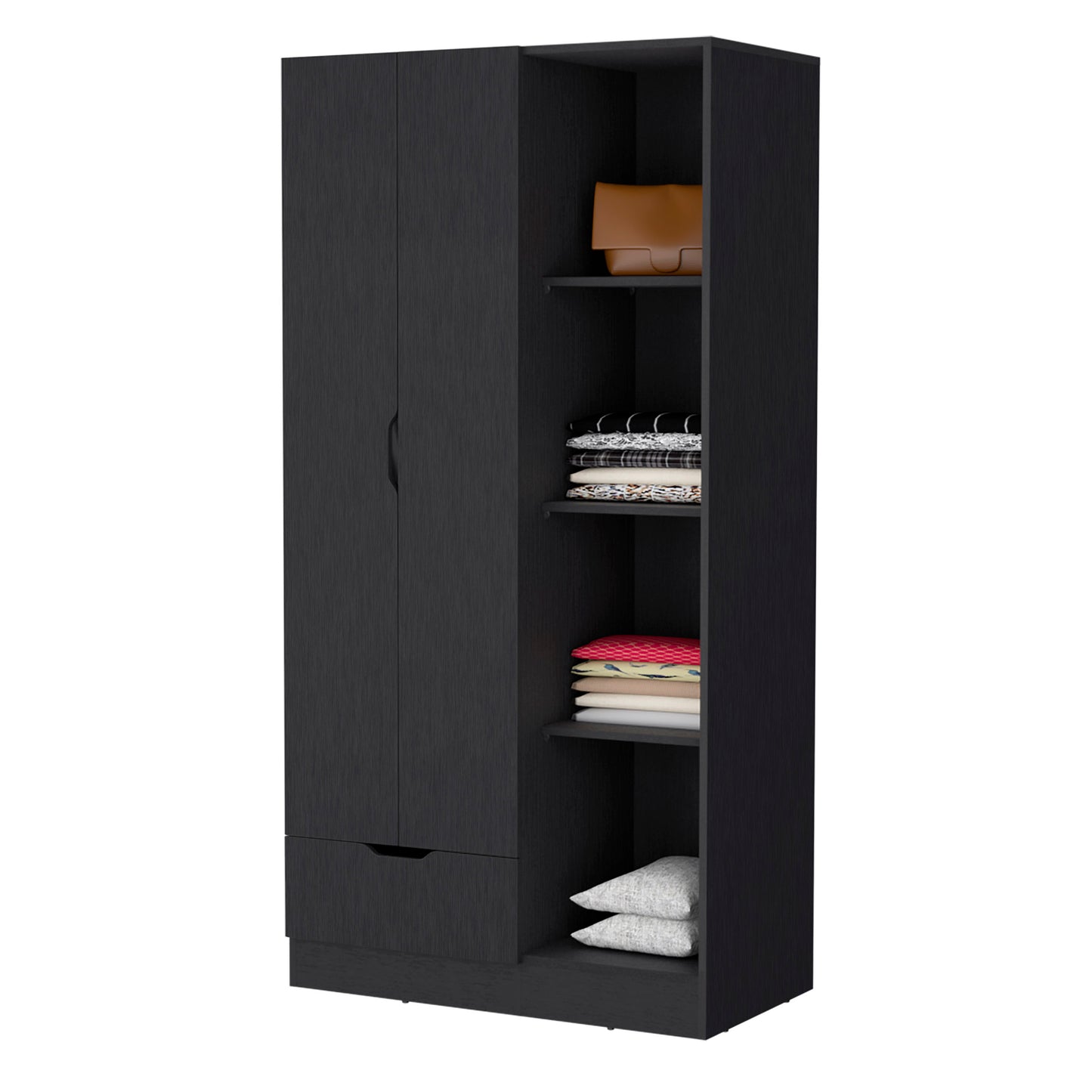 Redmond Armoire - Black, 4 Shelves & Hanging Rod