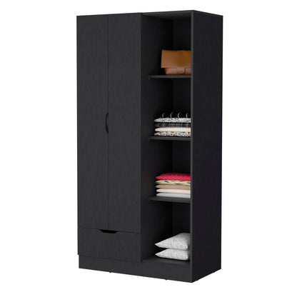 Redmond Armoire - Black, 4 Shelves & Hanging Rod