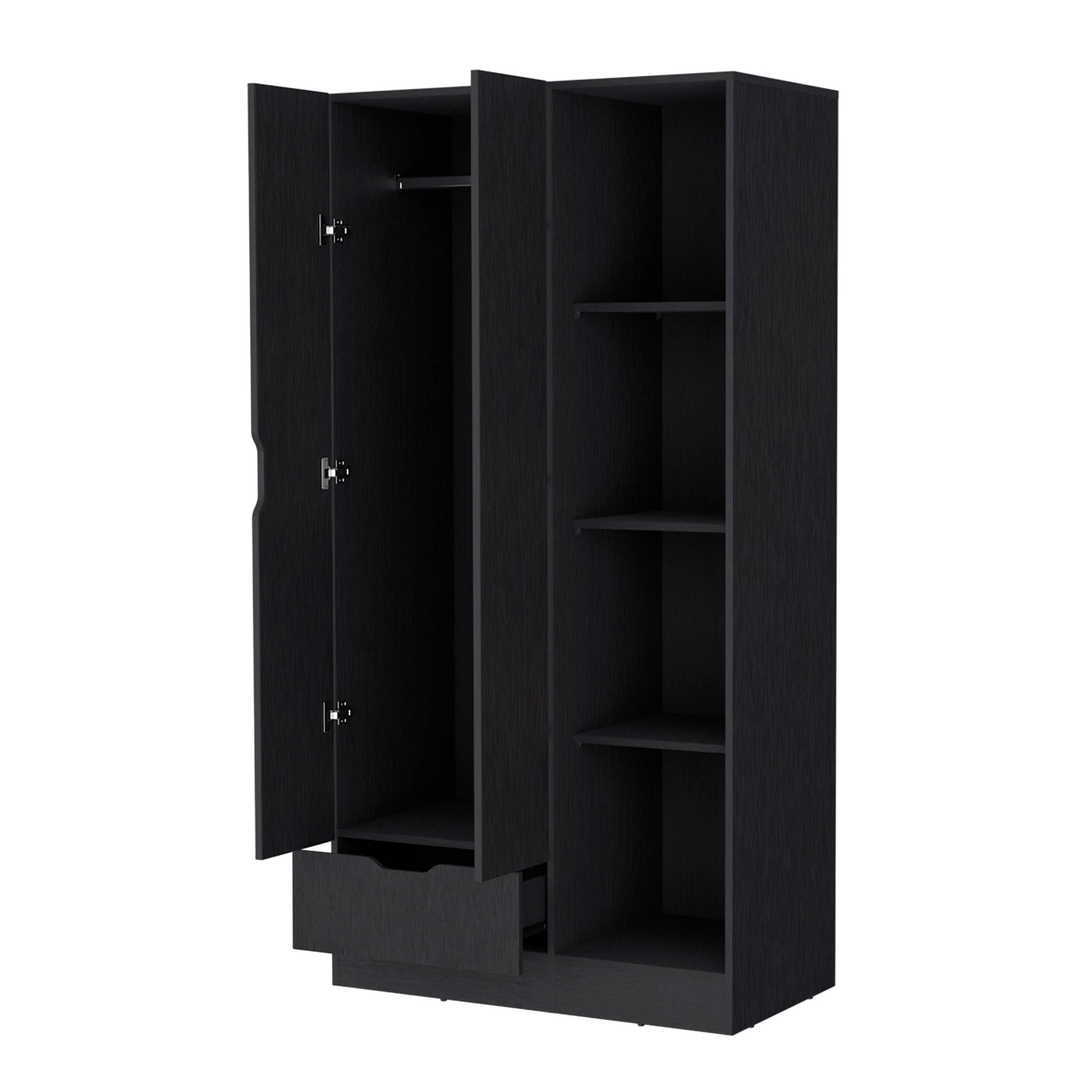 Redmond Armoire - Black, 4 Shelves & Hanging Rod