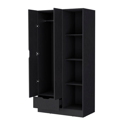 Redmond Armoire - Black, 4 Shelves & Hanging Rod