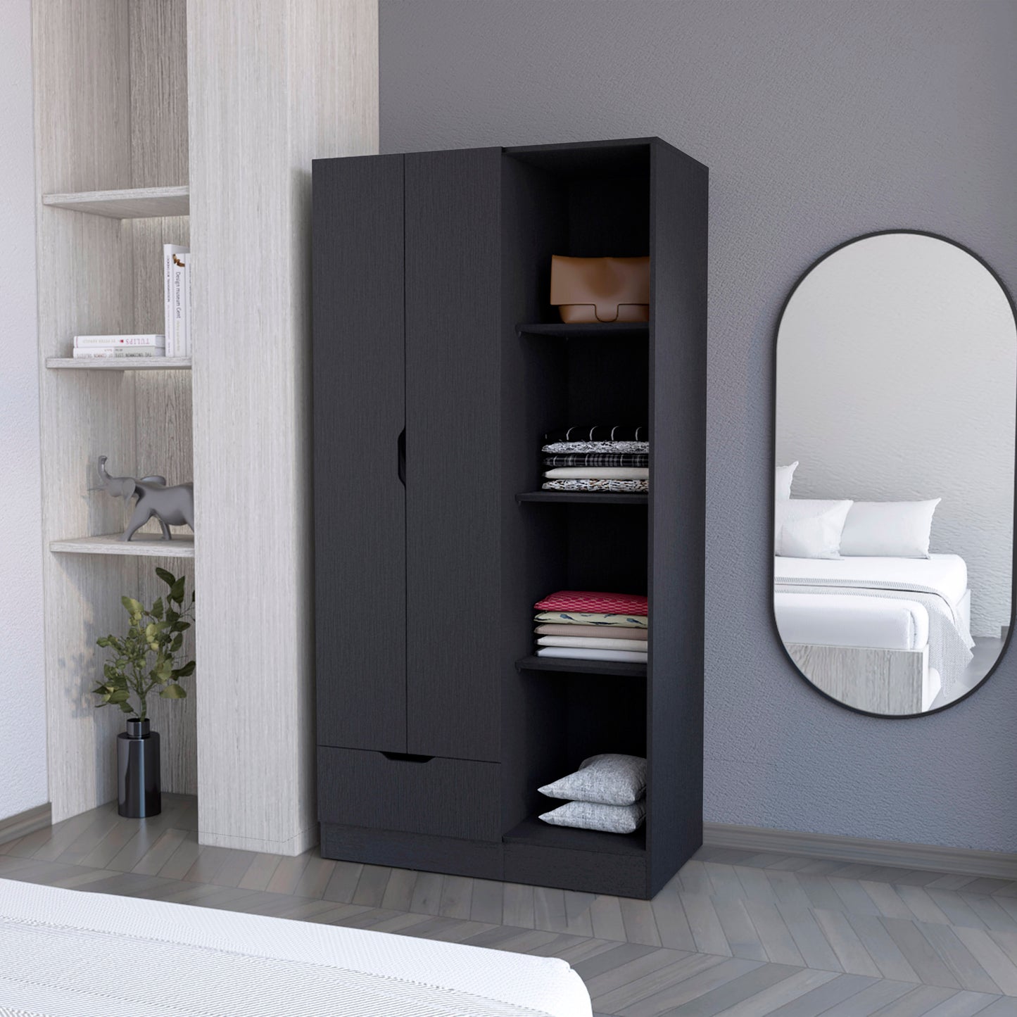 Redmond Armoire with Single Drawer, 4 Storage Shelves and Hanging Rod