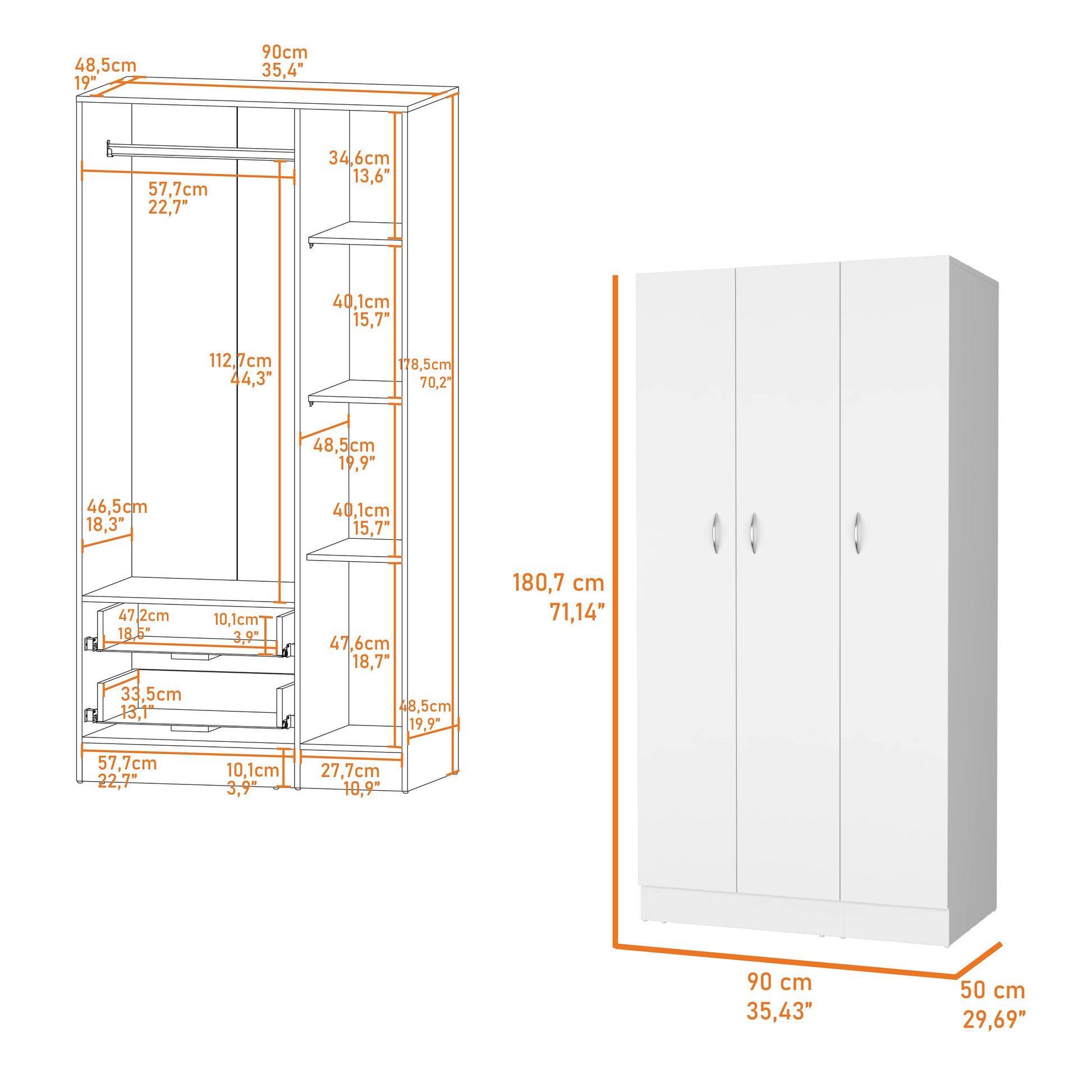 White Bedroom Dresser with 2 Drawers & Shelves