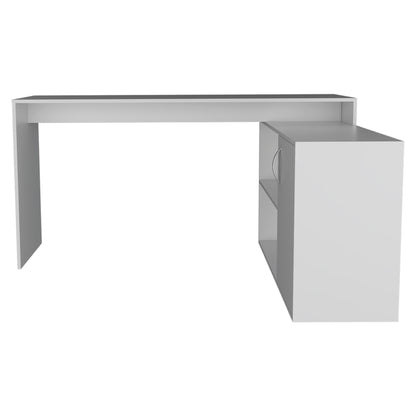 Modern L-Shaped White Computer Desk with Open Shelves and Cabinet