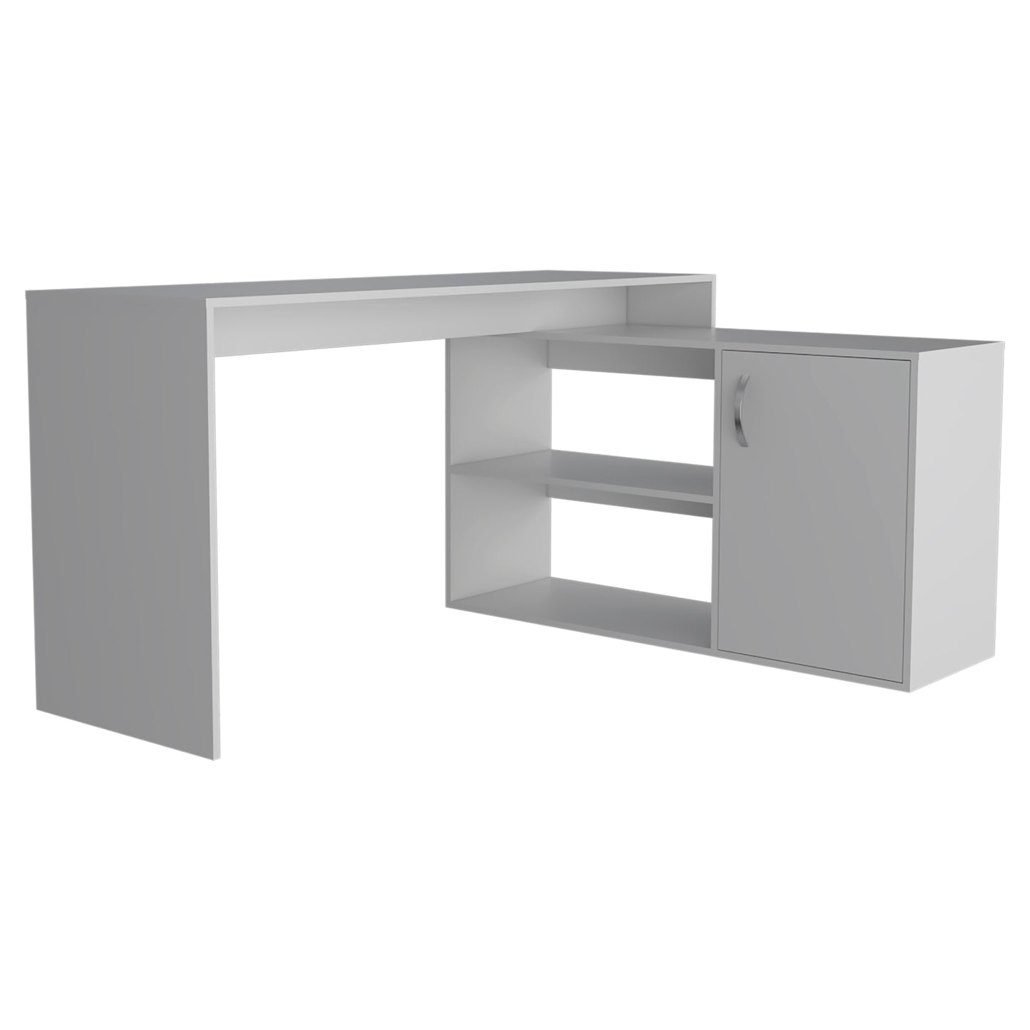Modern L-Shaped White Computer Desk with Open Shelves and Cabinet