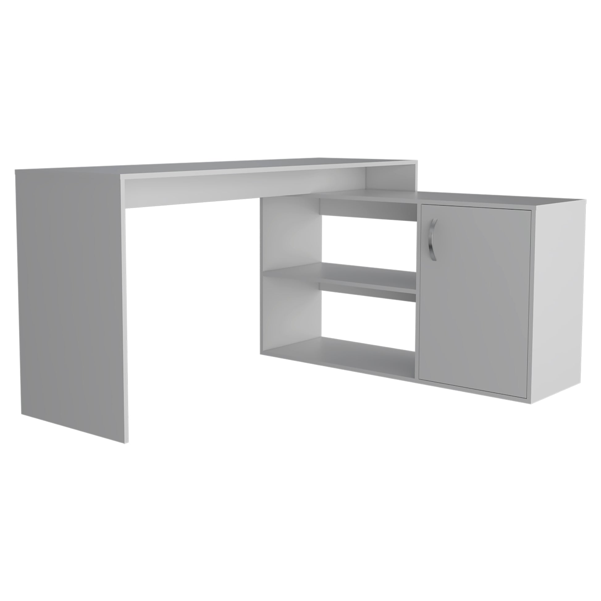 Modern L-Shaped White Computer Desk with Open Shelves and Cabinet