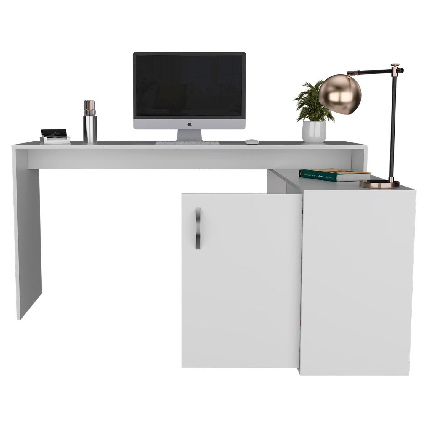 Modern L-Shaped White Computer Desk with Open Shelves and Cabinet