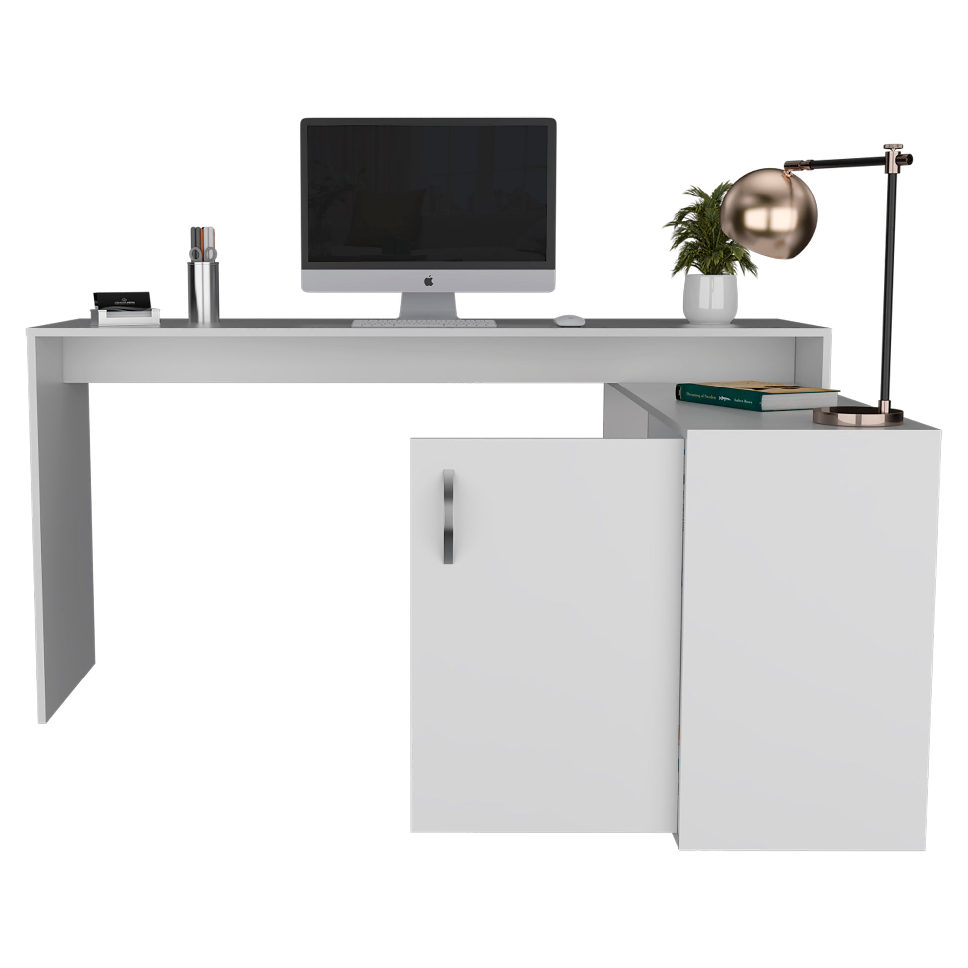 Modern L-Shaped White Computer Desk with Open Shelves and Cabinet