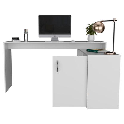 Modern L-Shaped White Computer Desk with Open Shelves and Cabinet