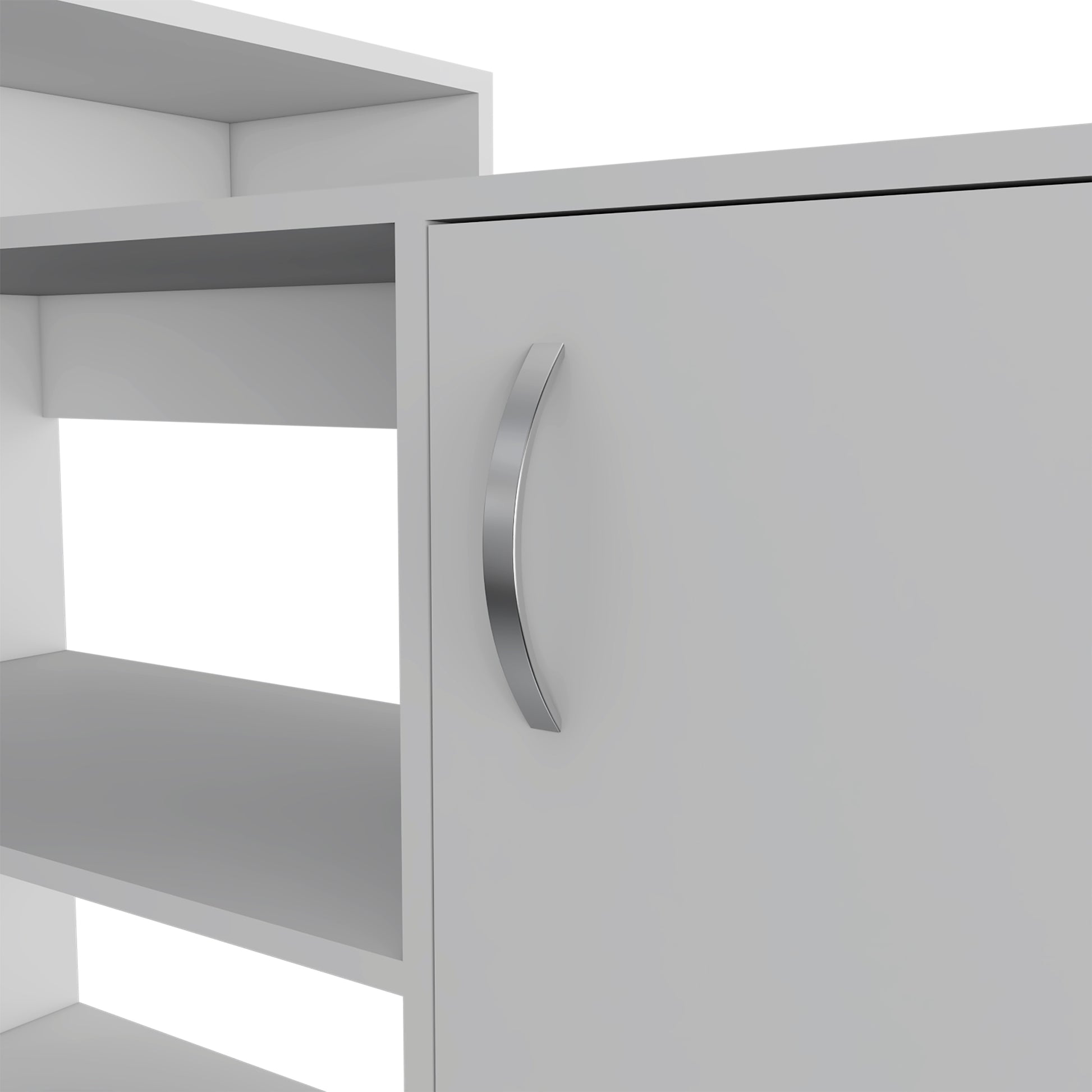 Modern L-Shaped White Computer Desk with Open Shelves and Cabinet