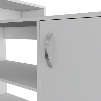 Modern L-Shaped White Computer Desk with Open Shelves and Cabinet