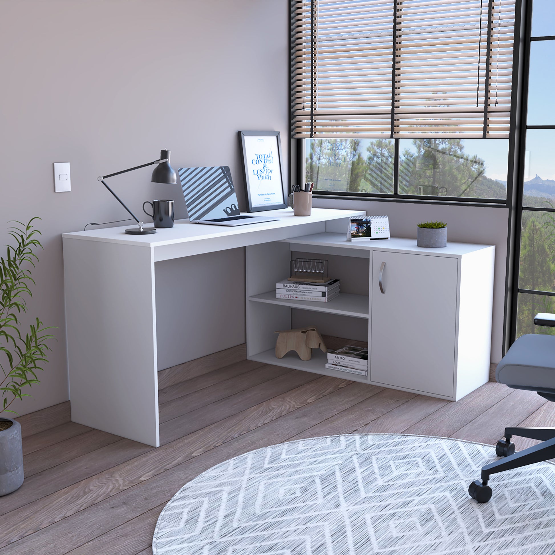 Dallas L-Shaped Home Office Desk, Two Shelves, Single Door Cabinet