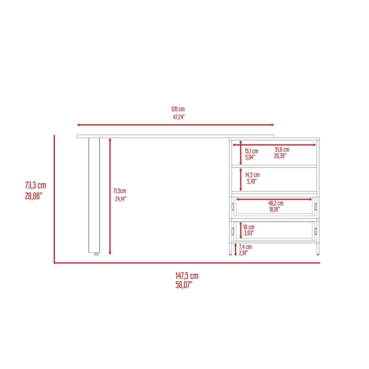 Light Grey Writing Desk with 2 Drawers & Shelves for Home Office