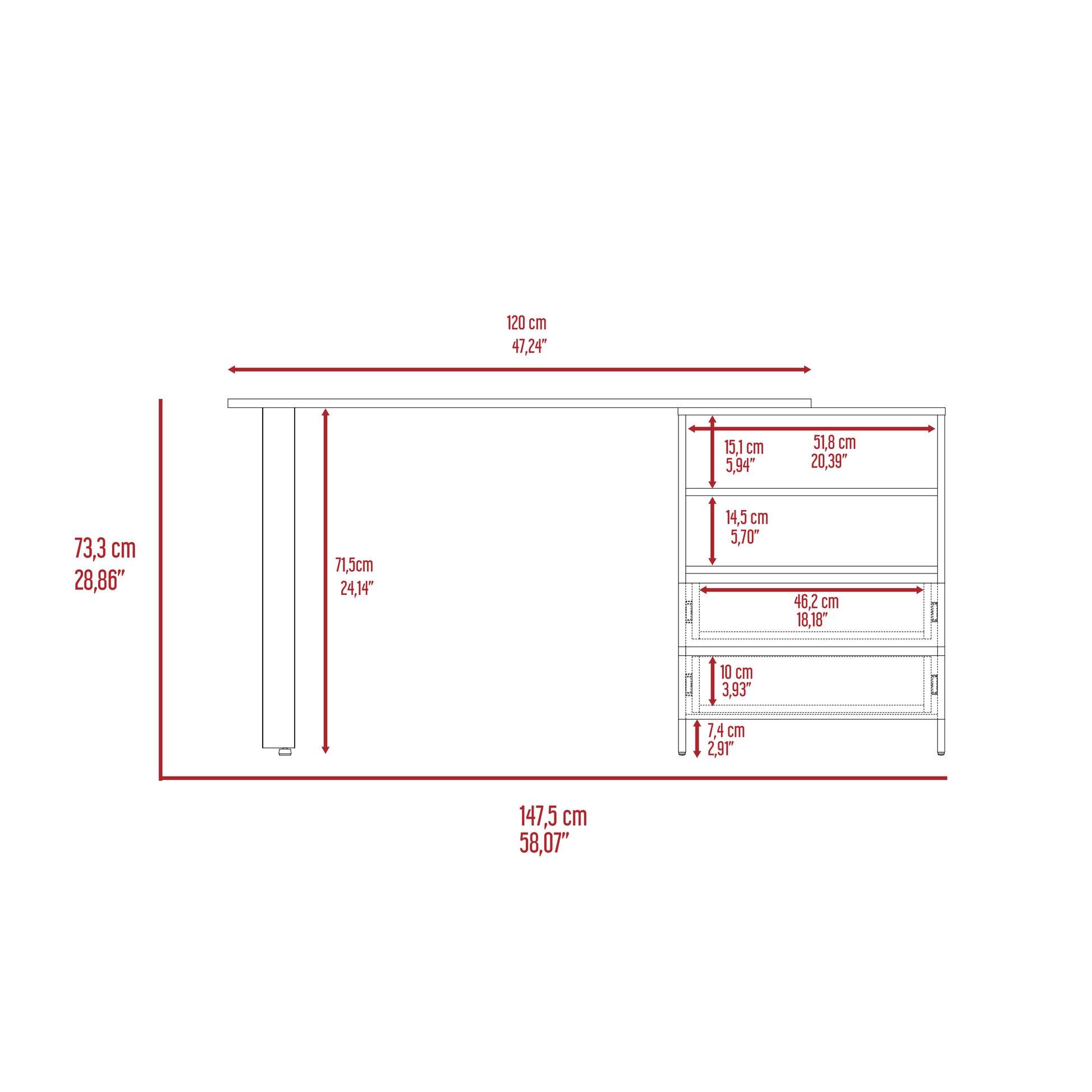 Light Grey Writing Desk with 2 Drawers & Shelves for Home Office