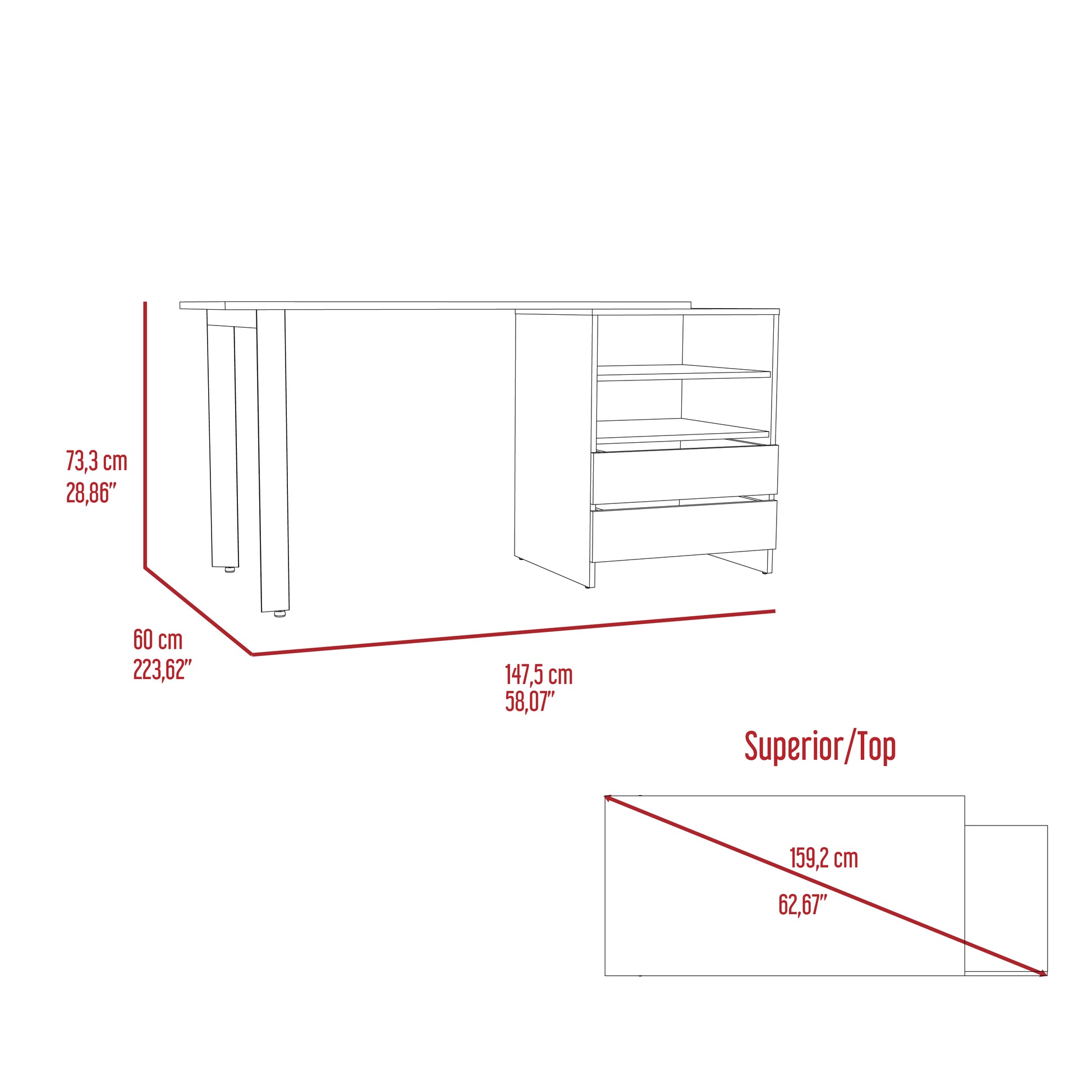 Light Grey Writing Desk with 2 Drawers & Shelves for Home Office