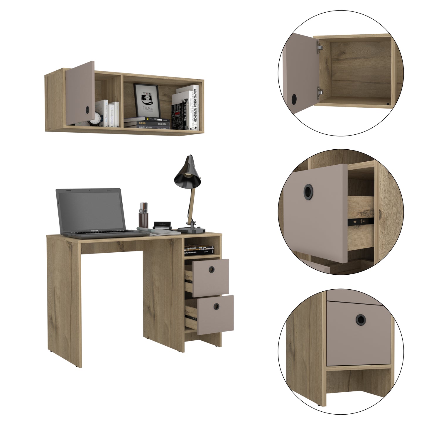 Multicolor Desk Set with Wall Cabinet - 39.3" Office Table for Home Office
