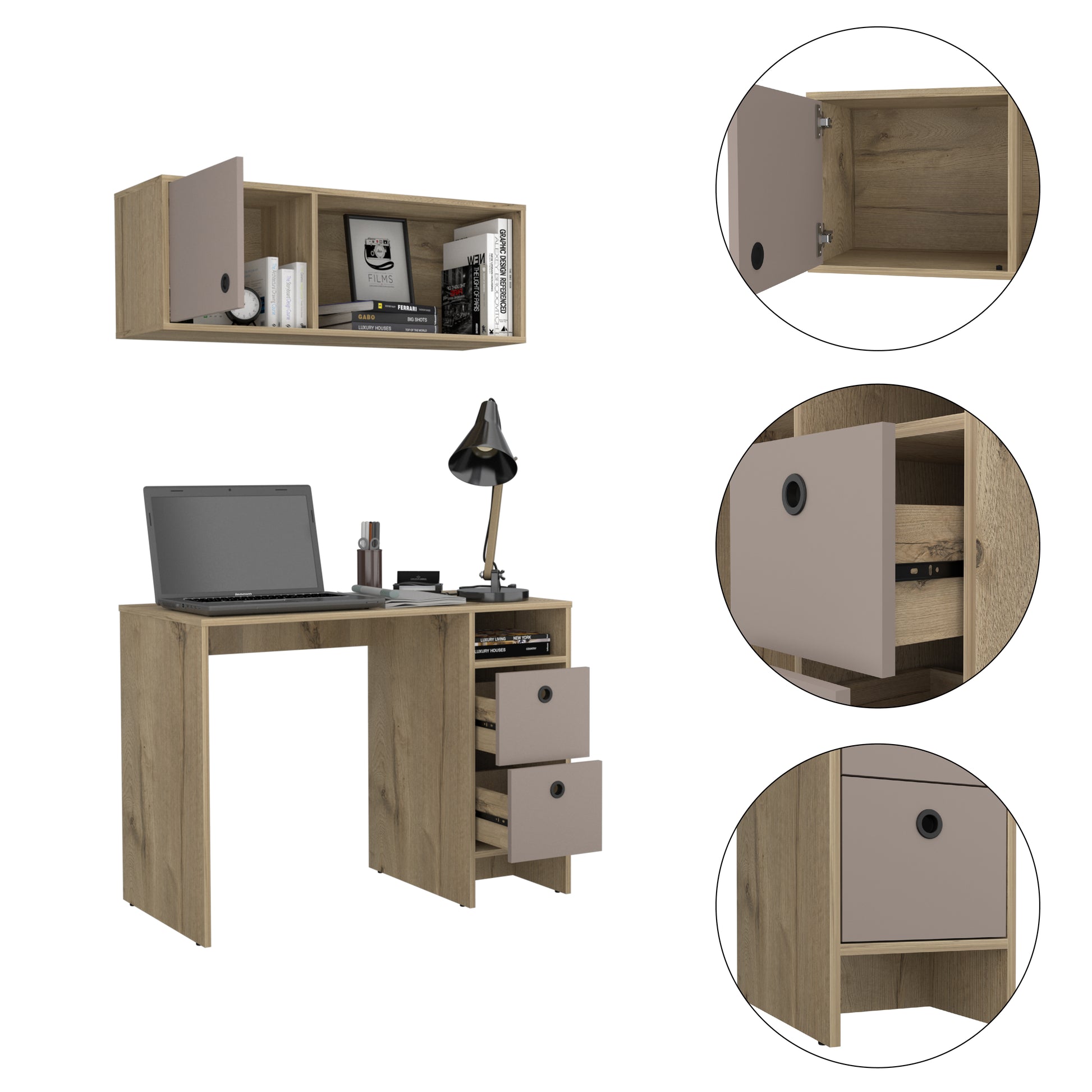Multicolor Desk Set with Wall Cabinet - 39.3" Office Table for Home Office