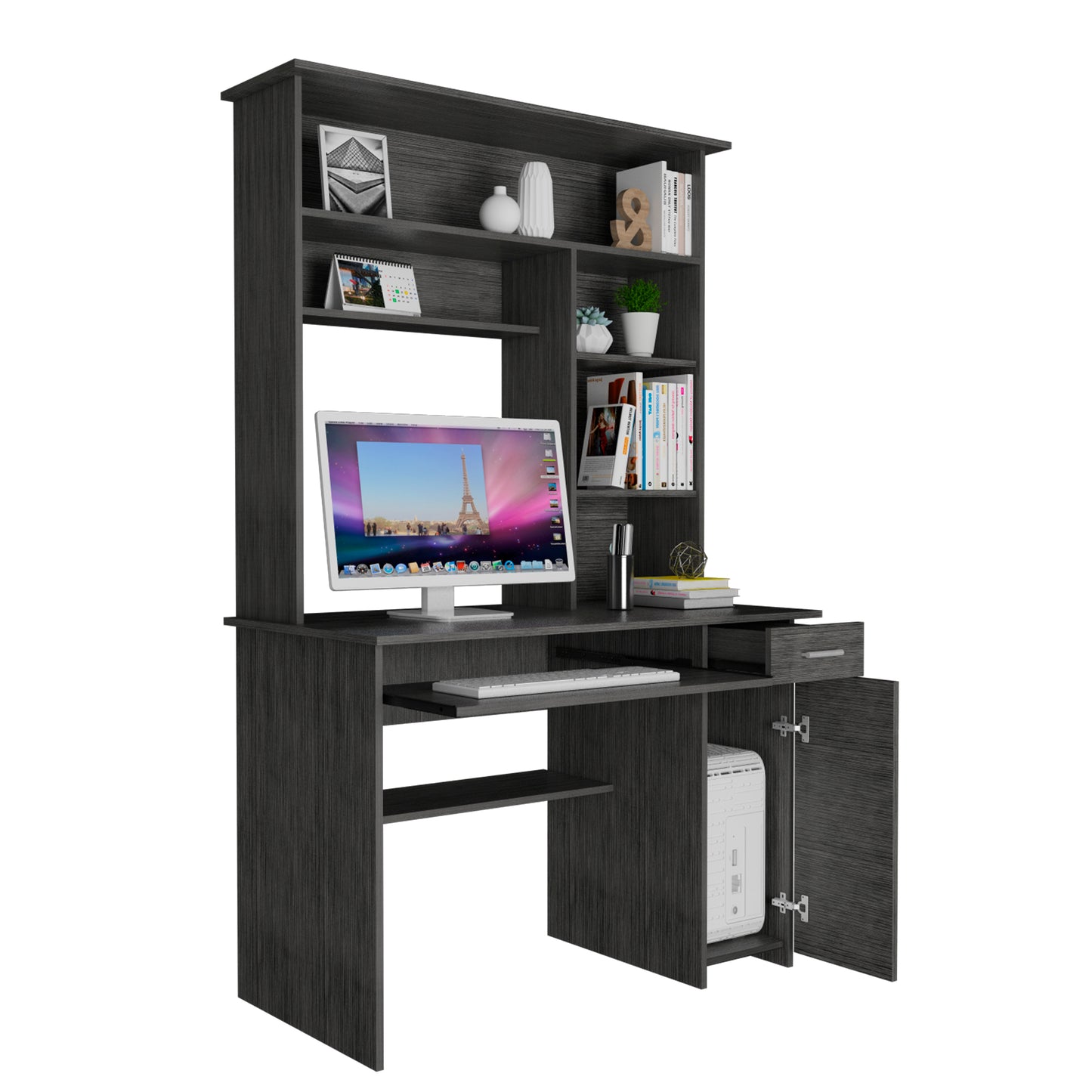 Modern Oak Computer Desk with Hutch & Storage