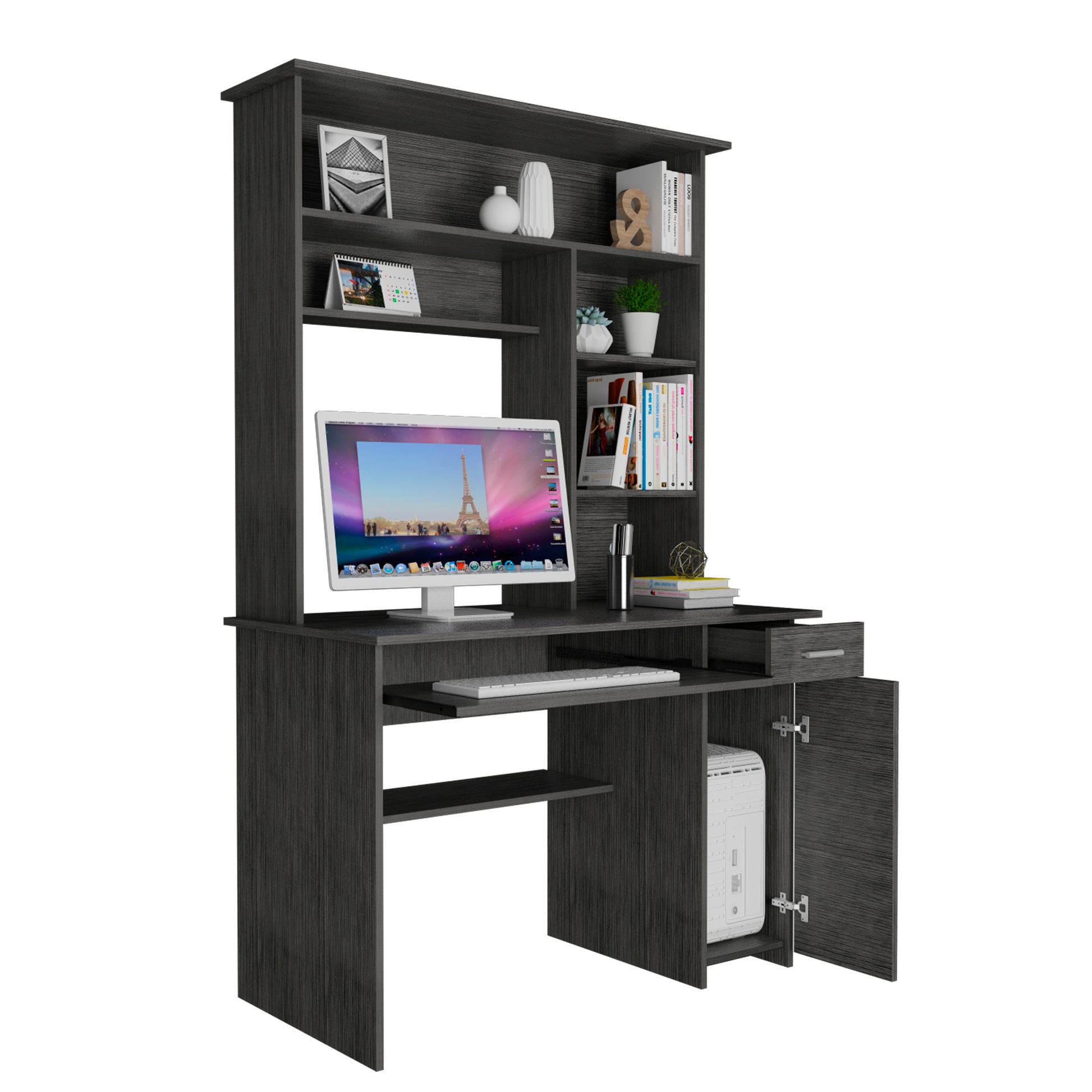 Modern Oak Computer Desk with Hutch & Storage