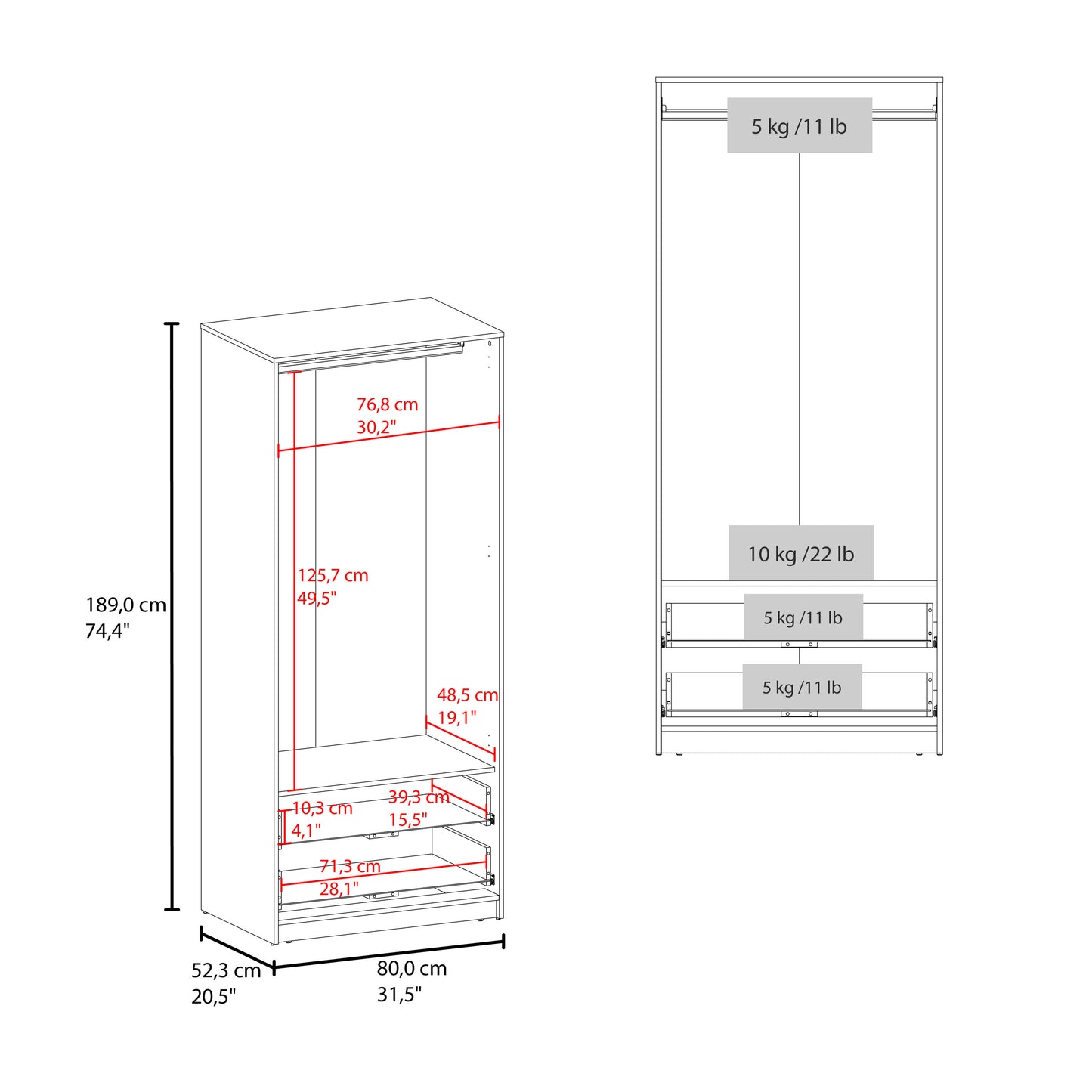 Wenge Bedroom Dresser with Hanging Rod - 74.4" Wide