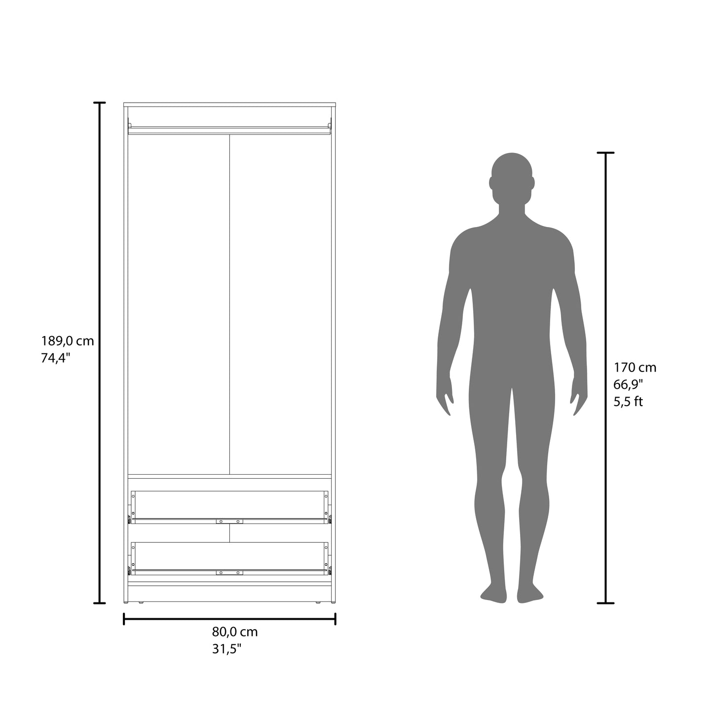 Wenge Bedroom Dresser with Hanging Rod - 74.4" Wide