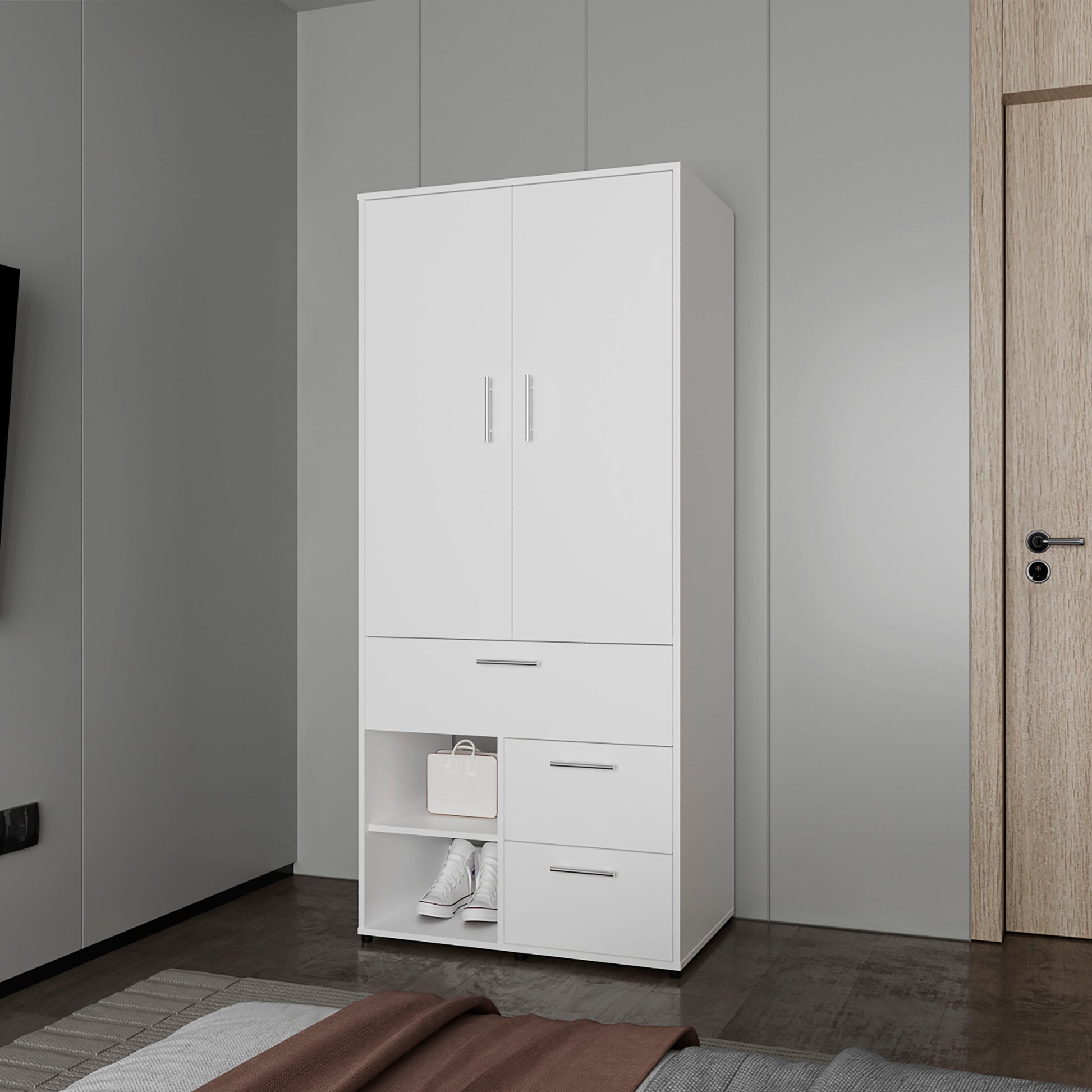 Care Free Multi-Storage Wardrobe with Rod and Shelving, White