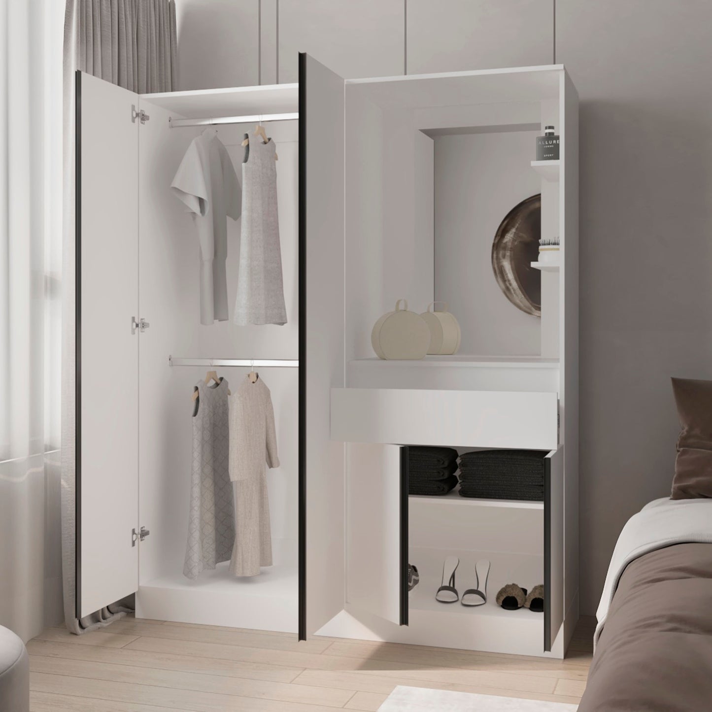 White Cane Multi-Functional Wardrobe - 73.3" Wide for Bedroom