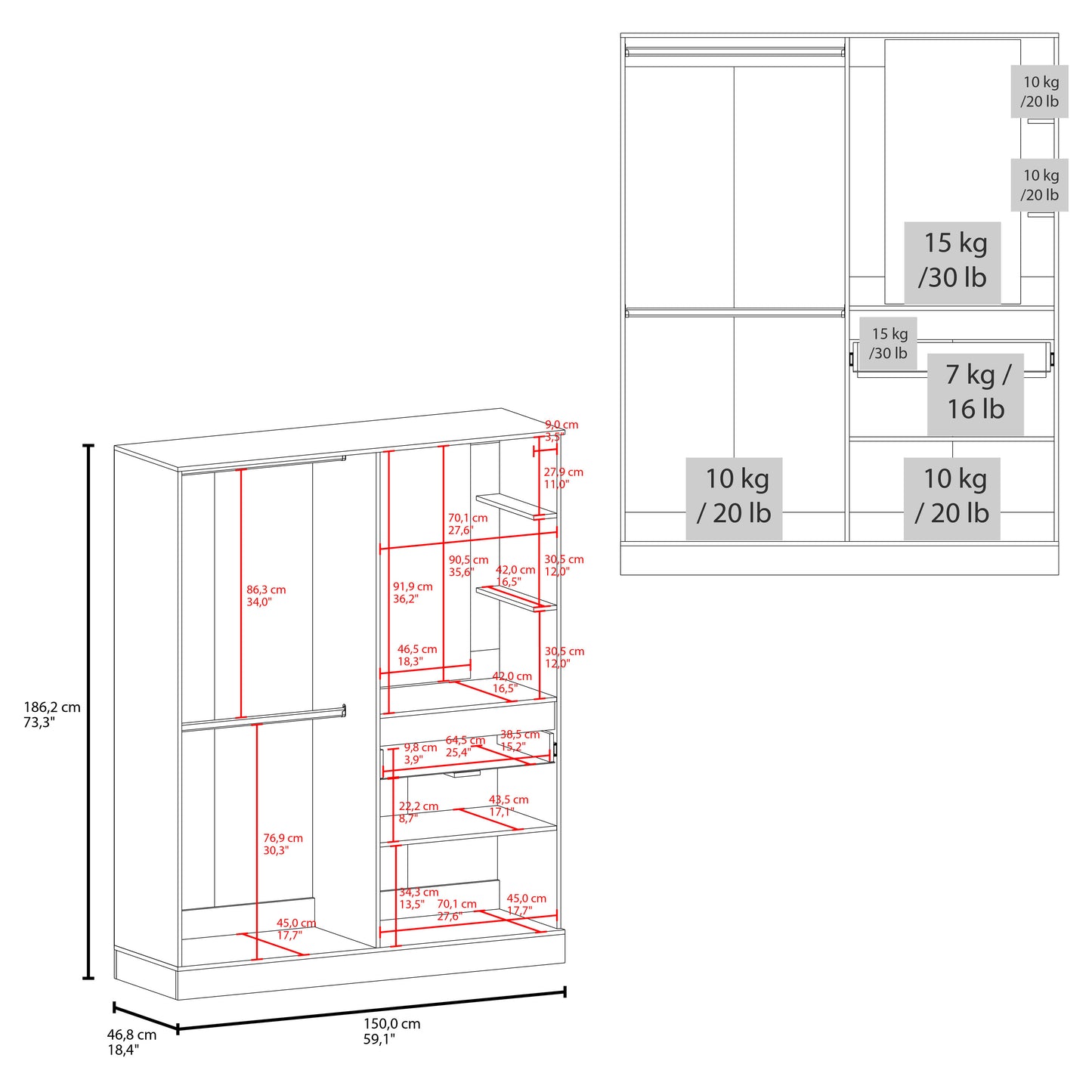 White Cane Multi-Functional Wardrobe - 73.3" Wide for Bedroom