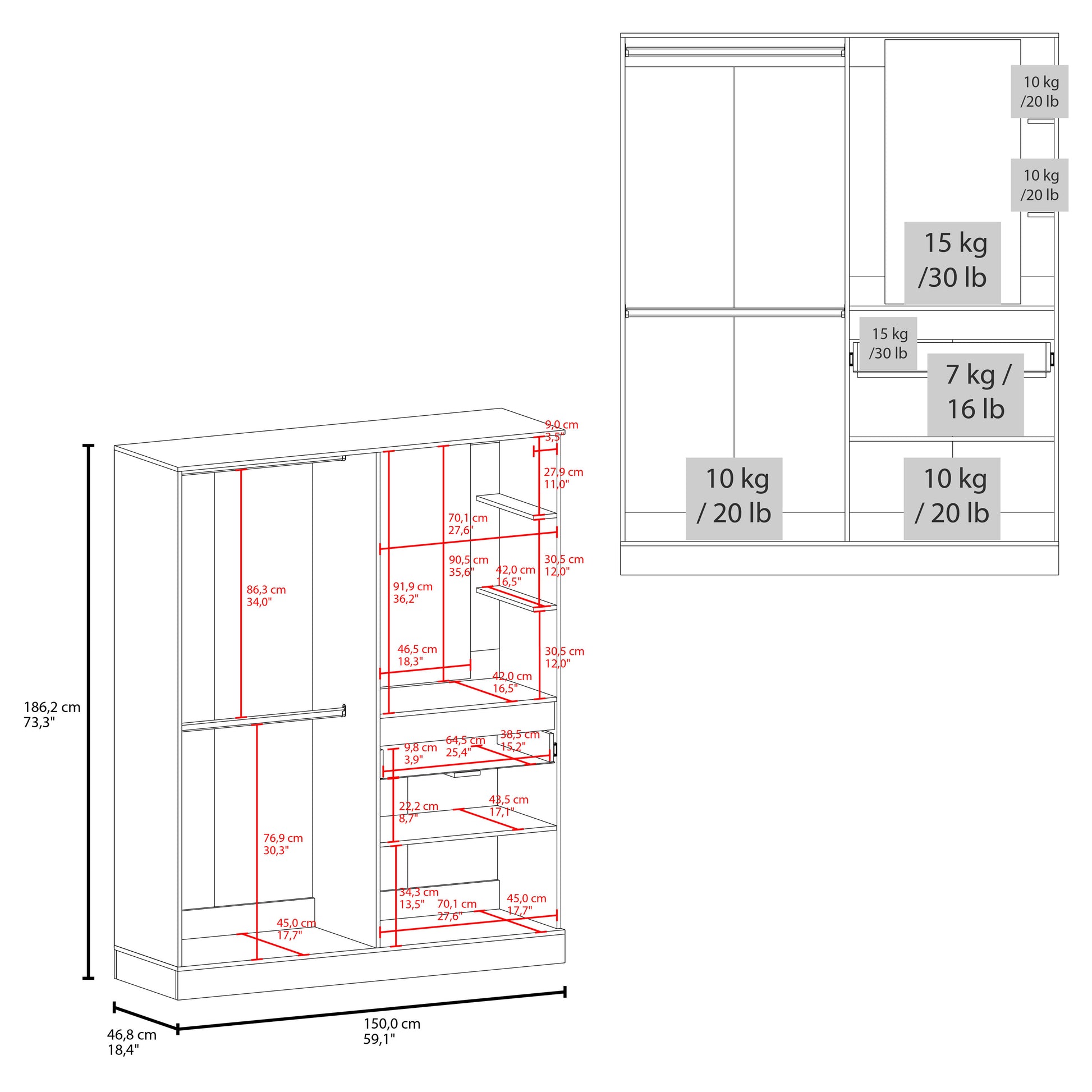 White Cane Multi-Functional Wardrobe - 73.3" Wide for Bedroom