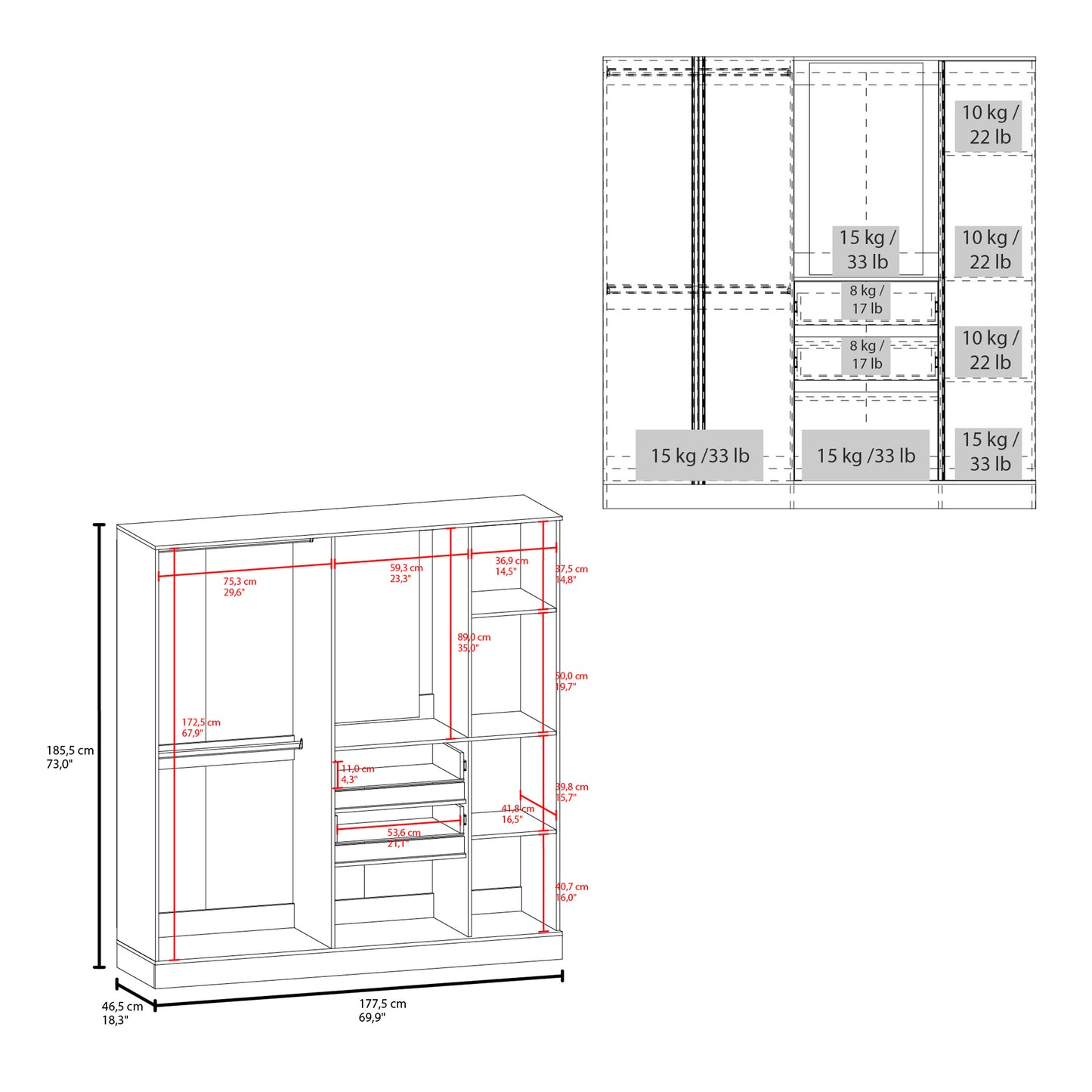 73" White Bedroom Wardrobe with Hanging Rod