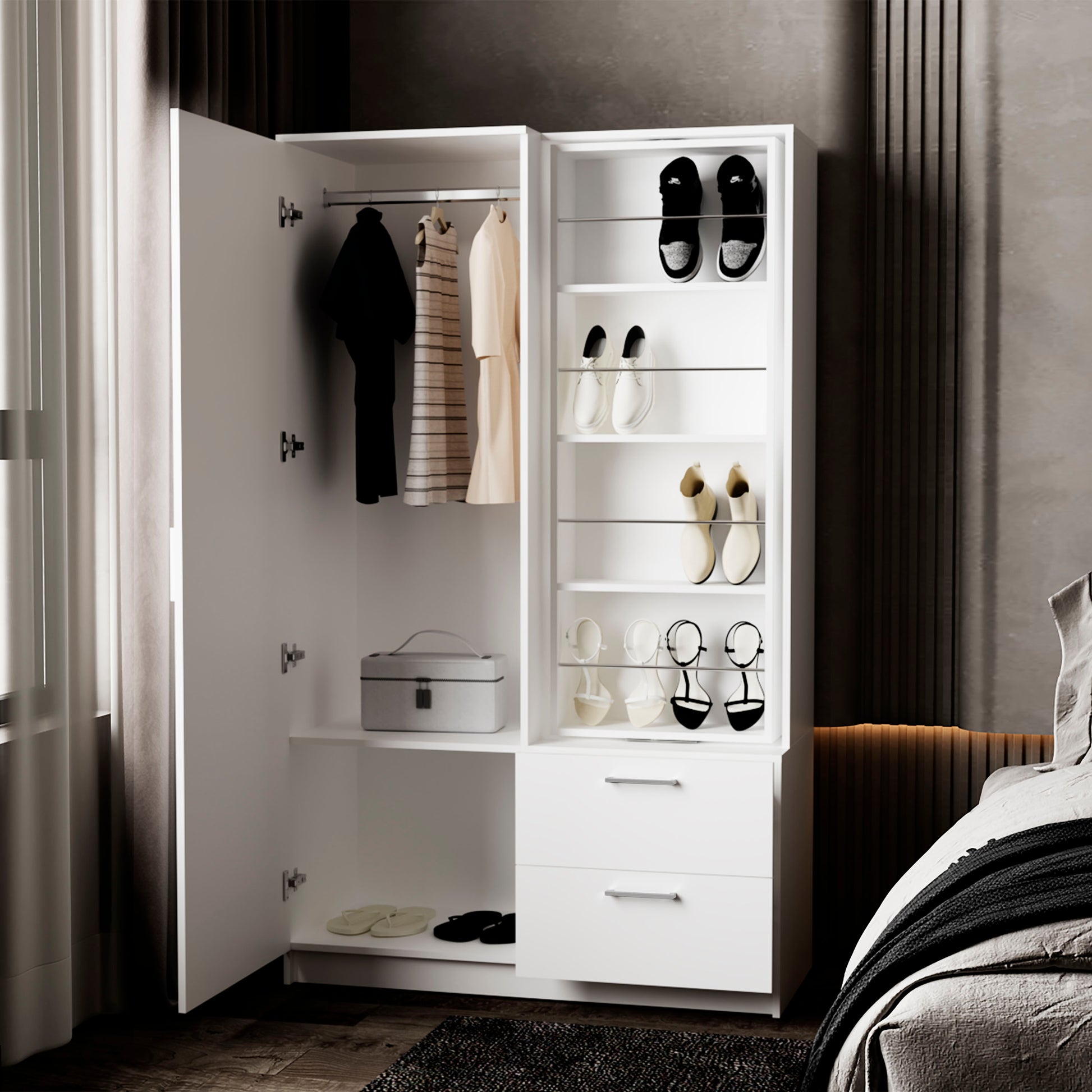 70.9" White Bedroom Wardrobe with Hanging Rod